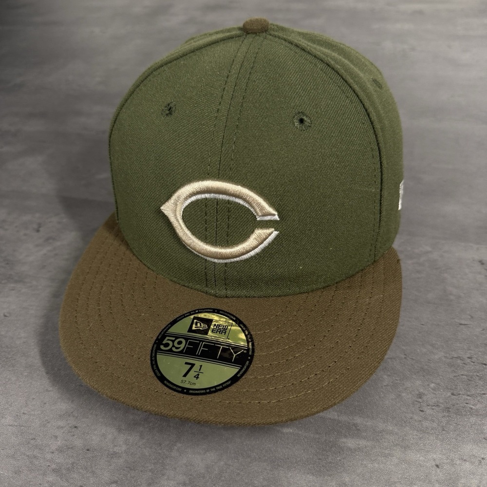 Vintage Cincinnati Reds‎ Hat New Era Cap 7 1/4 Olive Green Brown Fitted 59Fifty